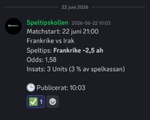 Speltips 22/6 23:00 Frankrike vs Irak – Frankrike