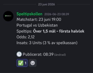 Speltips 23/6 19:00 Portugal vs Uzbekistan