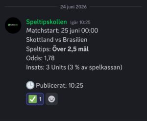 Speltips 25/6 00:00 Skottland vs Brasilien