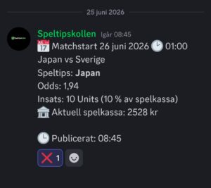 Speltips 26/6 01:00 Japan vs Sverige