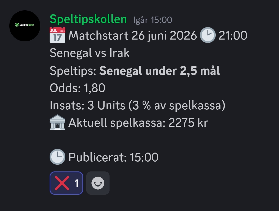 Speltips 26/6 21:00 Senegal vs Irak