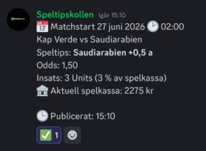 Speltips 27/6 02:00 Kap Verde vs Saudiarabien