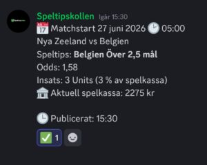 Speltips 27/6 05:00 Nya Zeeland vs Belgien
