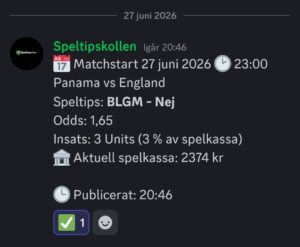 Speltips 27/6 23:00 Panama vs England