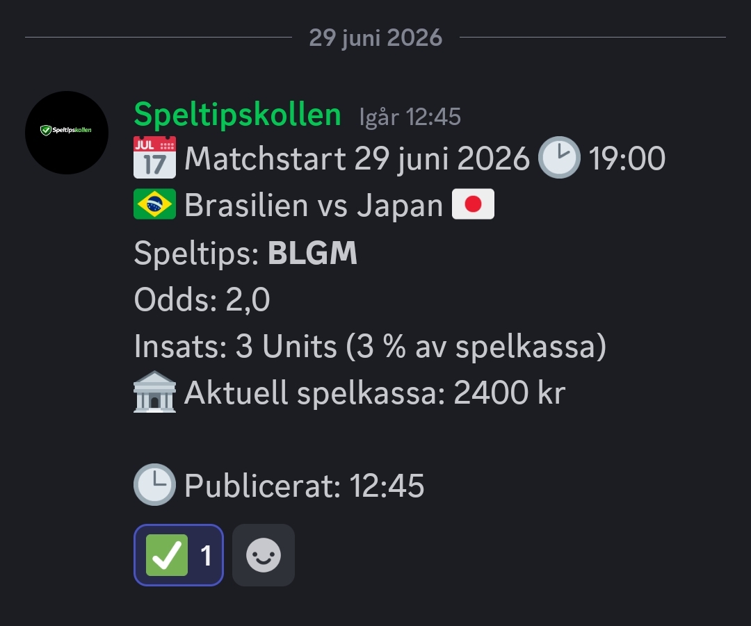 Speltips 29/6 19:00 Brasilien vs Japan