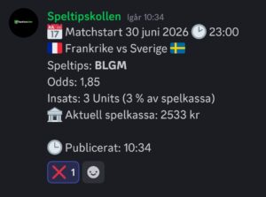 Speltips 30/6 23:00 Frankrike vs Sverige
