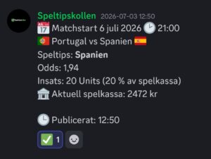Speltips 6/7 21:00 Portugal vs Spanien