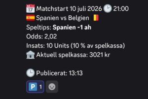 Speltips 10/7 21:00 Spanien vs Belgien