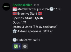 Speltips 12/7 17:00 Brann vs Start