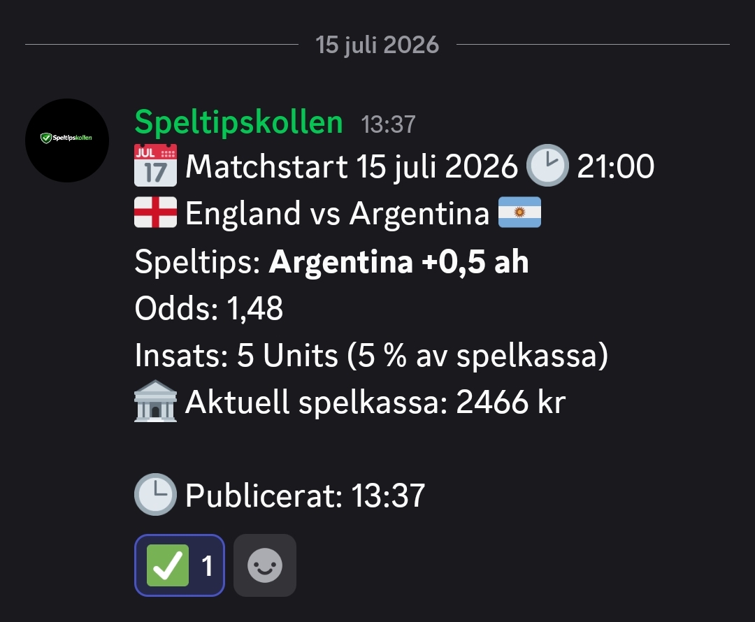 Speltips 15/7 21:00 England vs Argentina