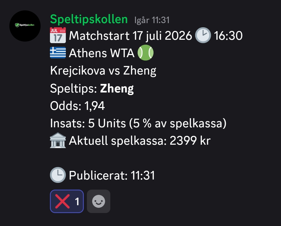 Speltips 17/7 16:30 Athens WTA