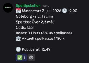 Speltips Göteborg vs L. Tallinn