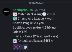 Speltips Sparta Prague vs Lyon