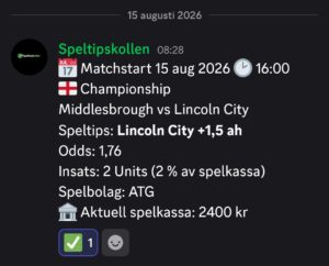 15/8 16:00 Speltips Middlesbrough vs Lincoln City