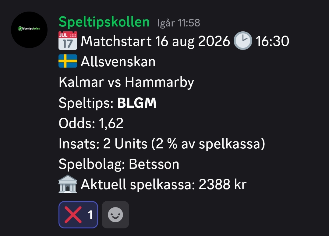 16/8 16:30 Speltips Kalmar vs Hammarby