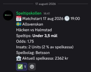 17/8 19:00 Speltips Häcken vs Halmstad