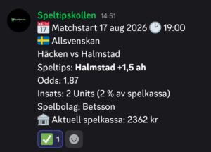 17/8 19:00 Speltips Häcken vs Halmstad
