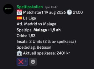 Speltips Atl. Madrid vs Malaga