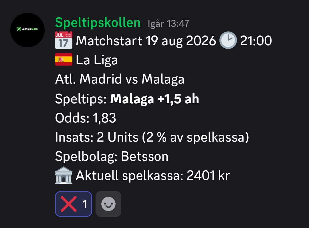 Speltips Atl. Madrid vs Malaga