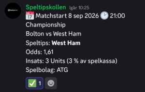 Speltips Bolton vs West Ham
