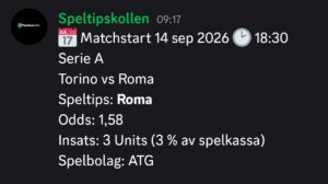 14/9 Speltips Torino vs Roma ✅