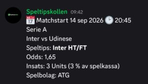 14/9 Speltips Inter vs Udinese