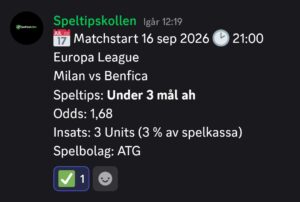16/9 Speltips Milan vs Benfica